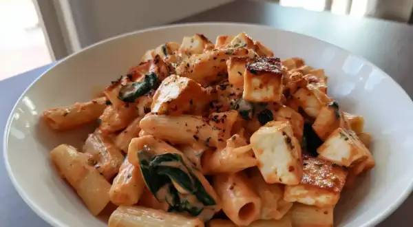 En krämig halloumi pasta med rigatoni, spenat och en smakrik tomatsås. Perfekt för en snabb och god middag.