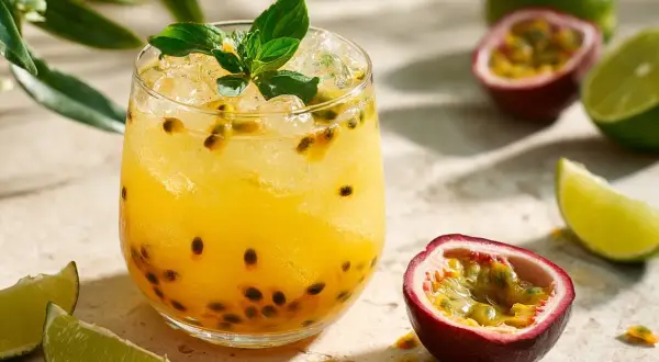 En uppfriskande Pornstar Martini med passionsfrukt och lime, garnerad med mynta.