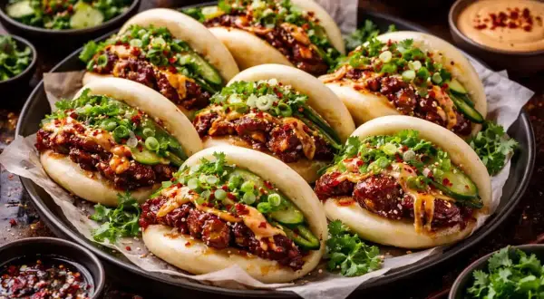 Läckra bao buns med fyllning av kött, gurka och grönsaker. Ett perfekt bao buns recept för en smakrik måltid.