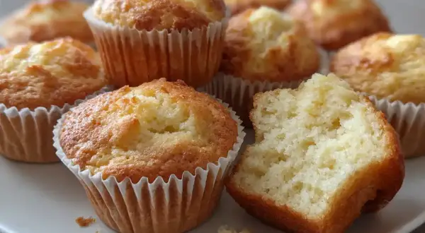 En tallrik med fluffiga vaniljmuffins, ett perfekt vaniljmuffins recept. En muffin är uppäten.