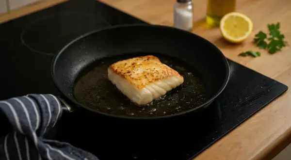 En bit saftig kokt torsk steks i en panna. Bredvid finns en citronklyfta, olivolja och persilja.