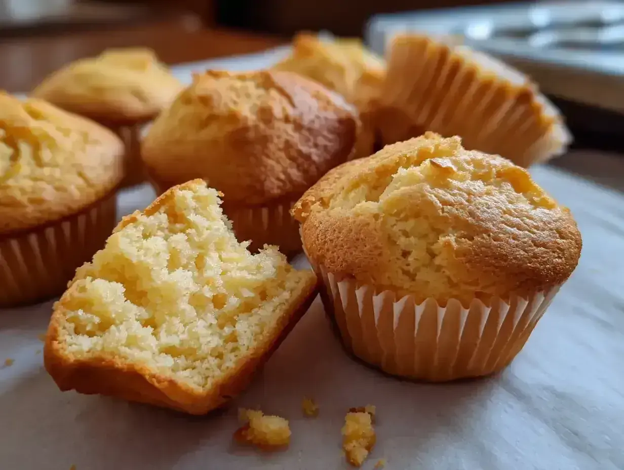 En grupp gyllene glutenfria muffins, en är uppdelad och visar en fluffig insida. Perfekt för fika!