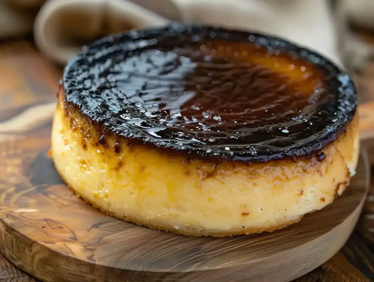 En krämig baskisk cheesecake med en mörk, karamelliserad yta, serverad på en träskärbräda.