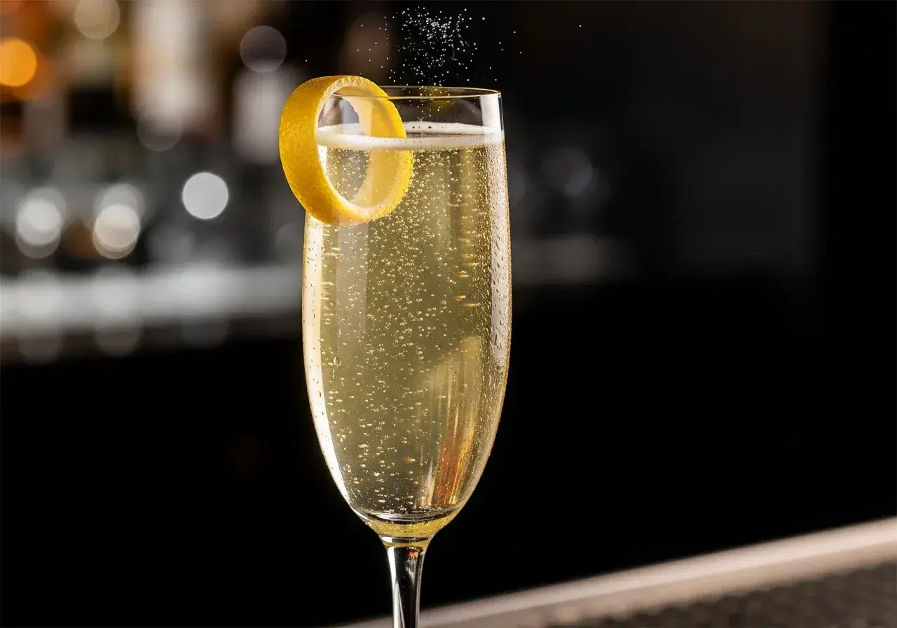 Ett glas French 75 med bubblor och en citronskal.