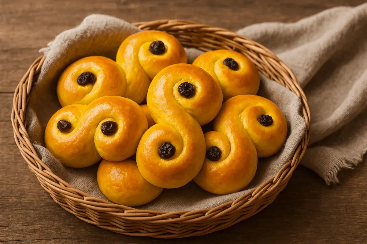 En korg fylld med saftiga lussebullar, redo att avnjutas.