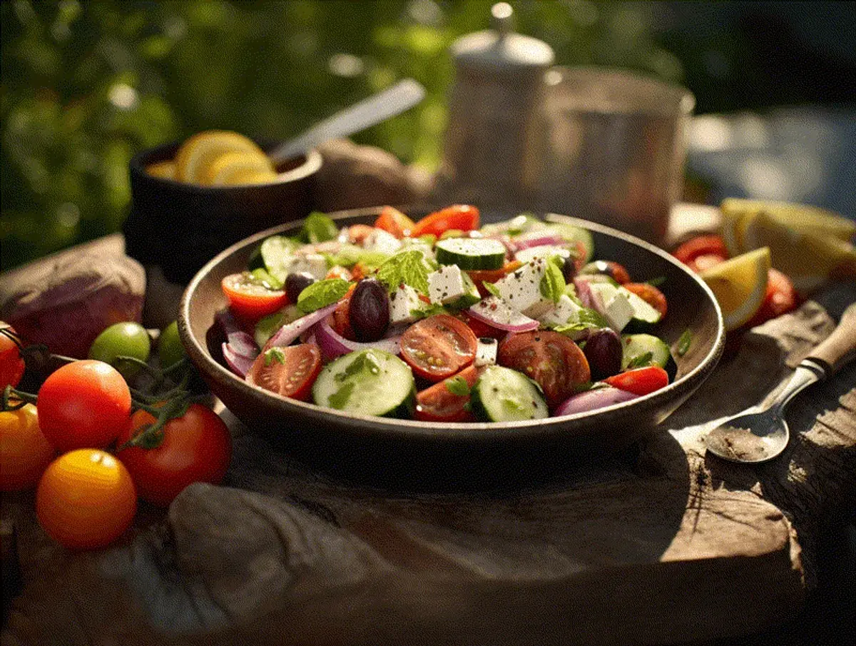 En härlig grekisk sallad med tomater, gurka, fetaost, oliver och rödlök, serverad utomhus i solsken.