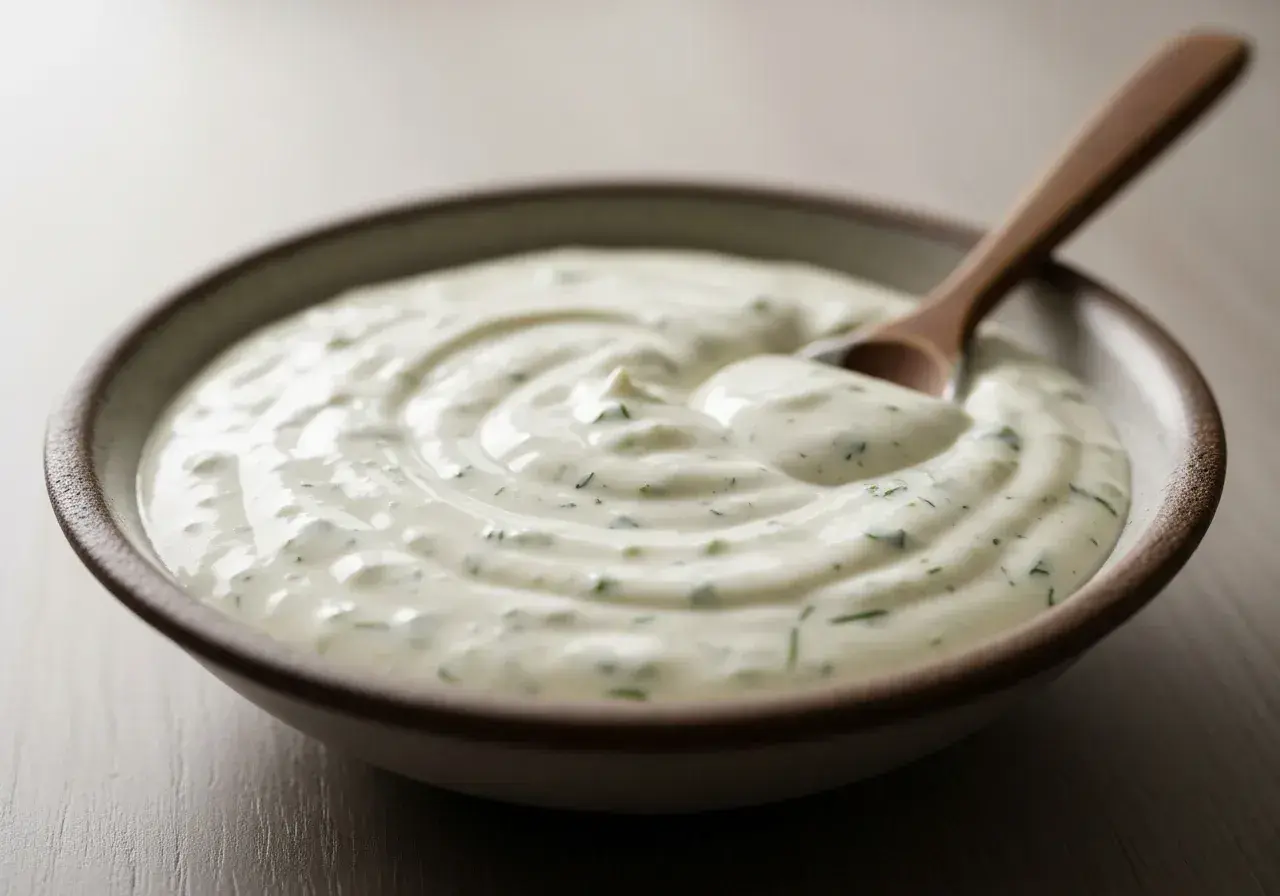 En skål med krämig ranch dressing, med en träsked som lyfter upp lite av den goda såsen. Perfekt till salladen!
