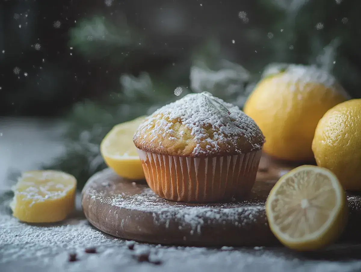 Citron cupcakes med florsocker, omgivna av färska citroner och granris. En vinterdröm av smak.