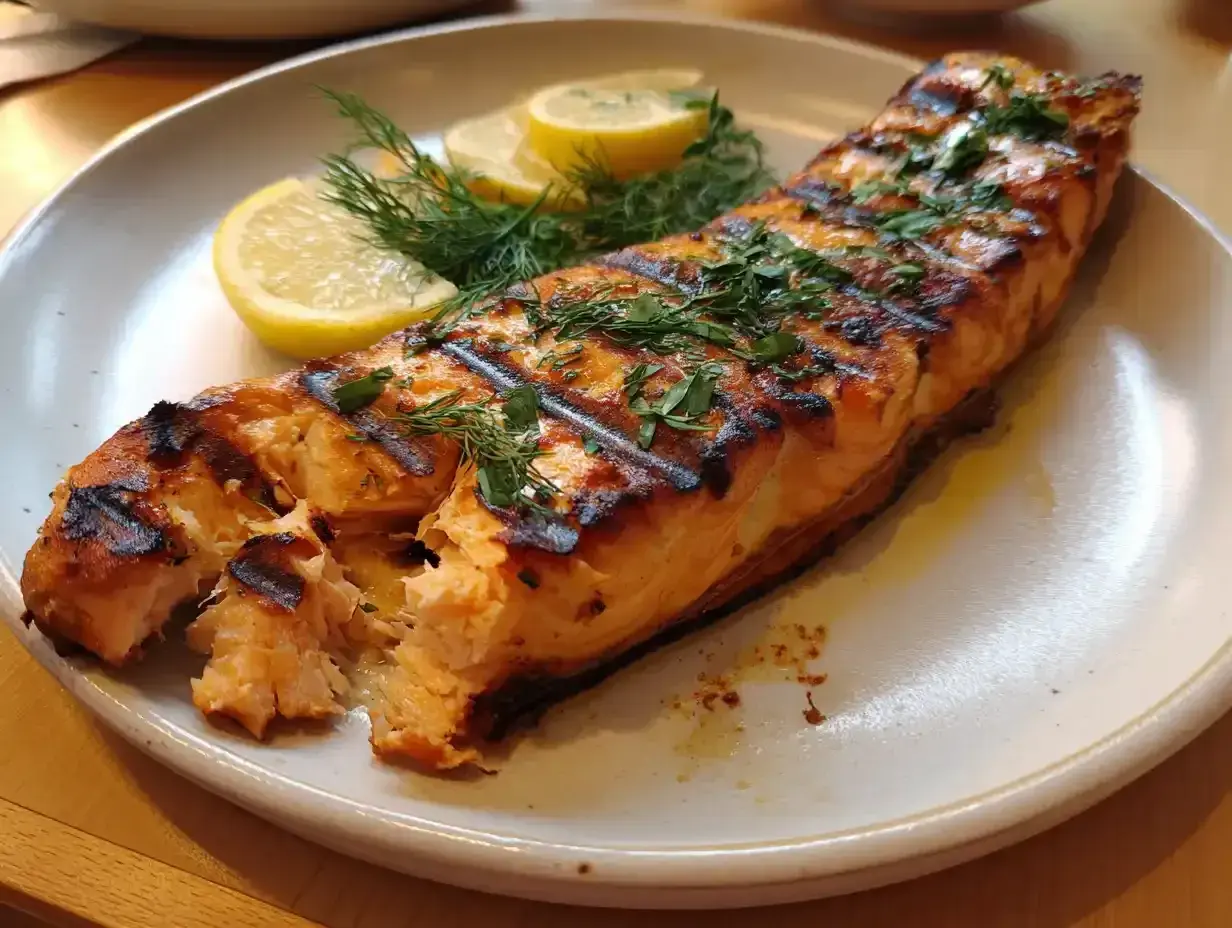 En saftig bit grillad lax med citronskivor och dill. Perfekt för en sommarkväll att grilla lax.