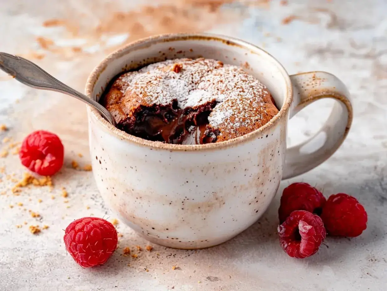 En härlig kladdkaka i mugg med smält choklad, pudrad med florsocker och omgiven av färska hallon.