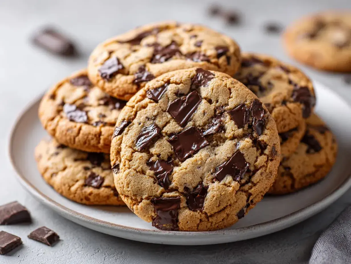 En hög med chokladkakor, perfekta för ett enkelt cookies recept. Mjuka och sega med generöst med chokladbitar.