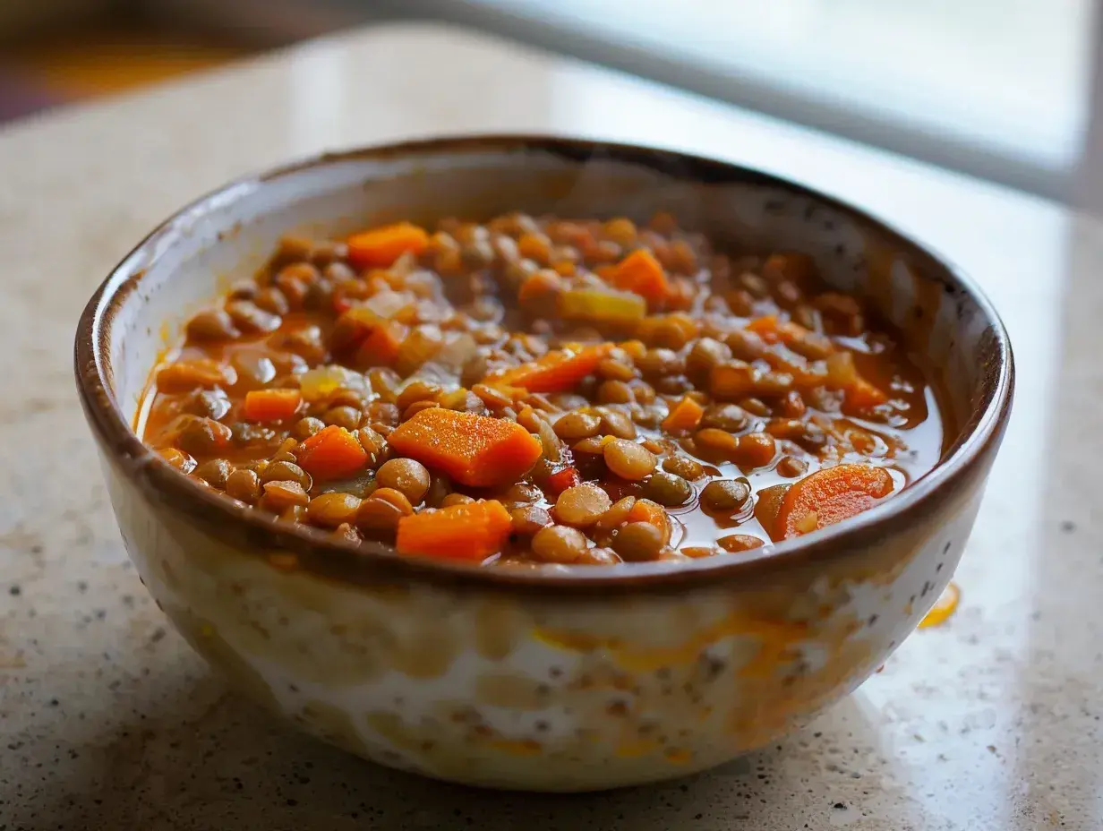 En skål med mustig linsgryta med morötter, perfekt för ett enkelt linsgryta recept.