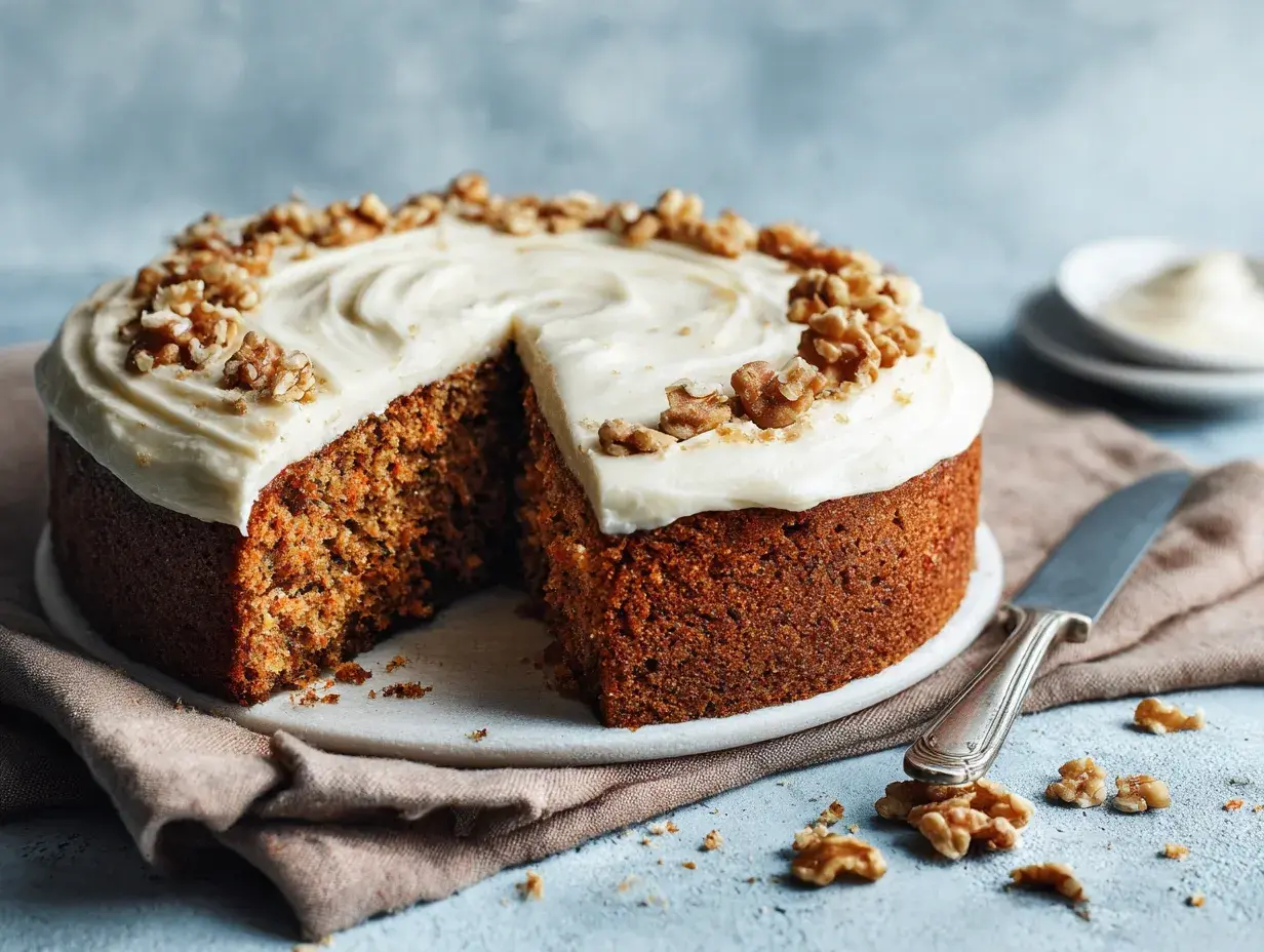 Saftig morotskaka med krämig frosting och valnötter. Perfekt för ett enkelt morotskaka recept.