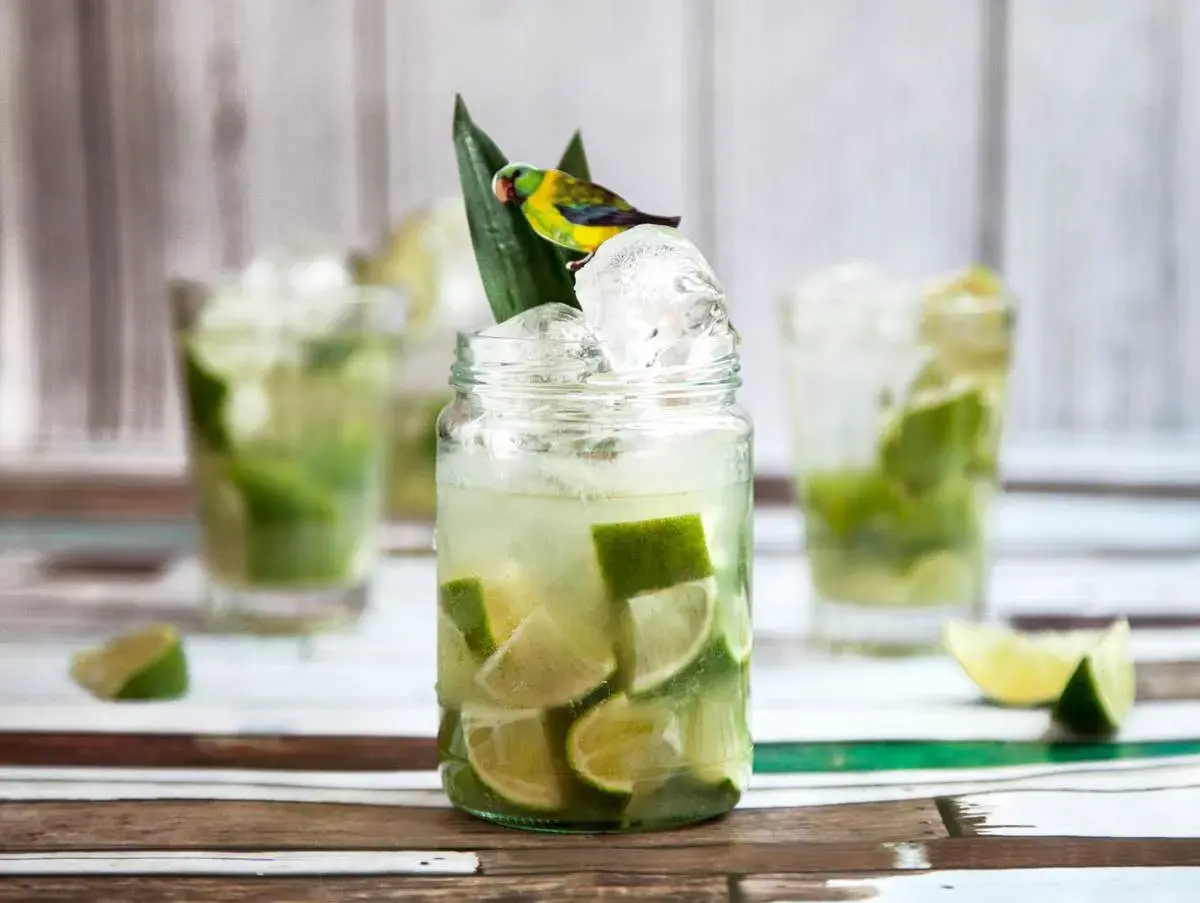 Caipirinha recept med lime och is, dekorerad med en liten papegoja.