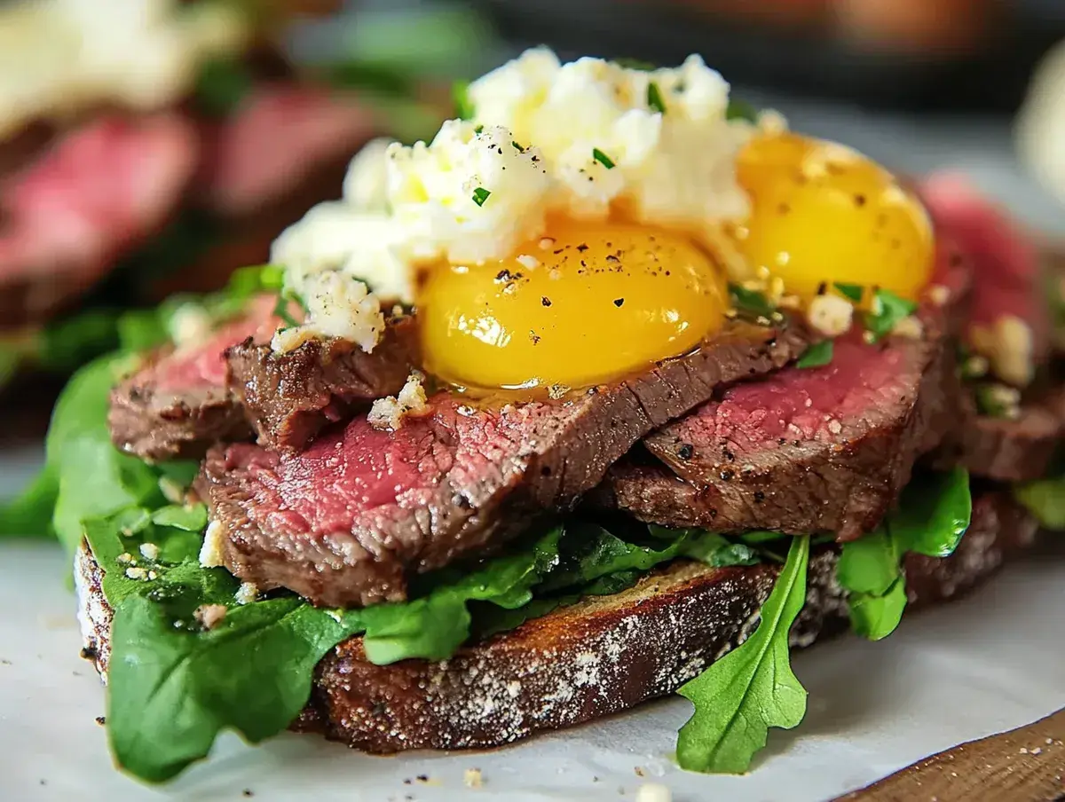 En lyxig bookmaker toast med saftigt biff, rucola, äggulor och ost. En riktig smakupplevelse!