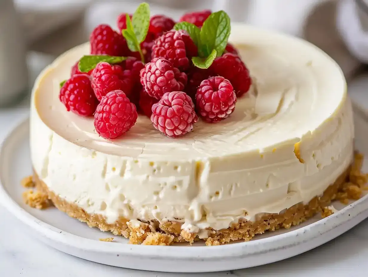 En krämig fryst cheesecake toppad med färska hallon och myntablad. Perfekt för en sommarfest!