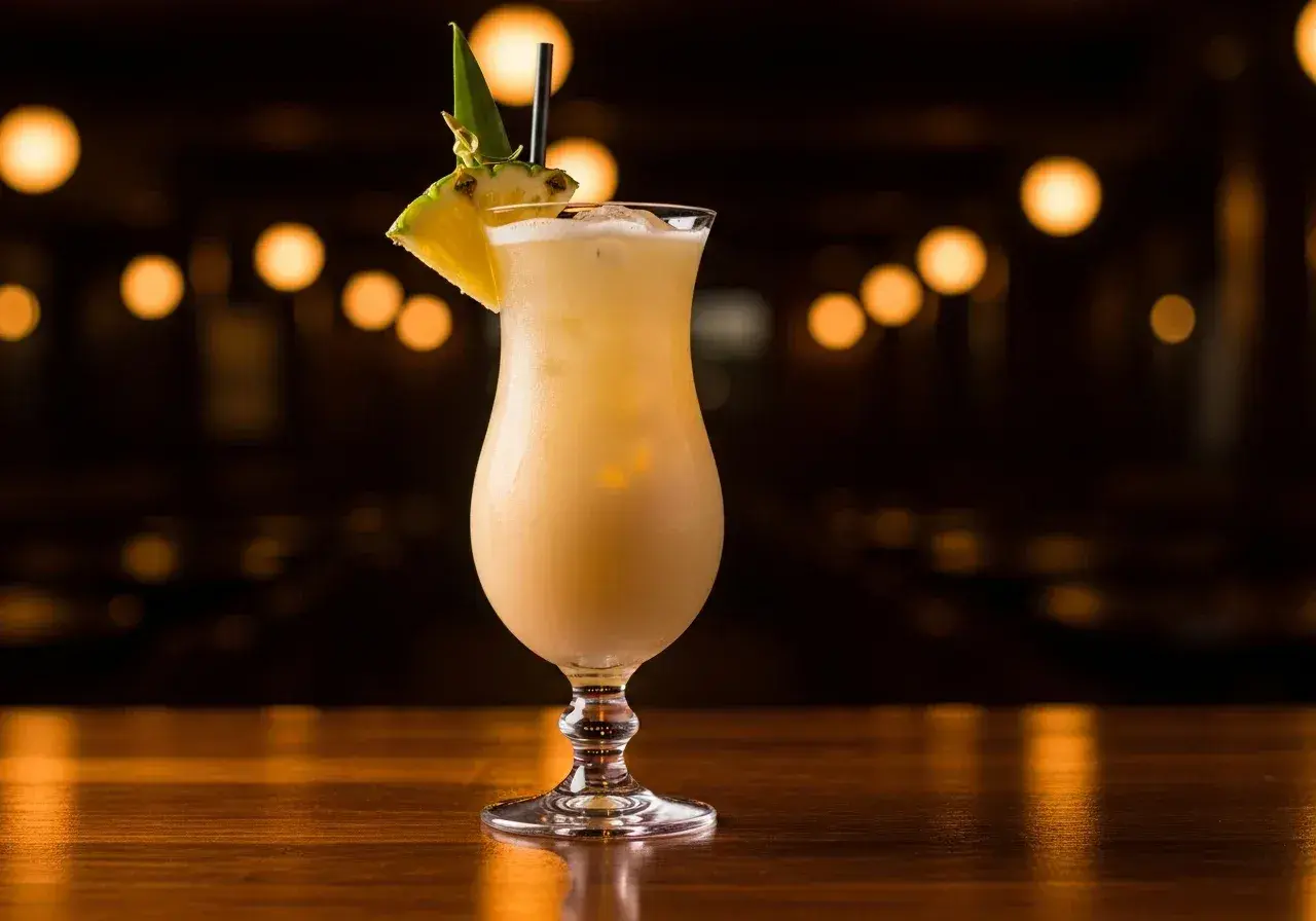 En krämig alkoholfri pina colada med ananasskiva och blad som dekoration, serverad i ett elegant glas på en träyta.