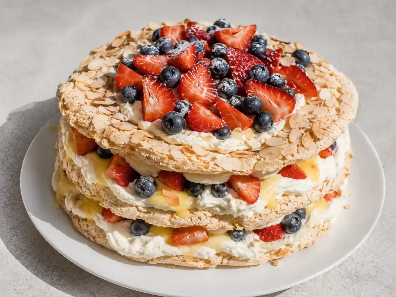 En magnifik pinocchiotårta med lemoncurd, vispgrädde och färska bär. Krispiga marängbottnar varvas med krämig lemoncurd och fluffig grädde, toppad med jordgubbar och blåbär.
