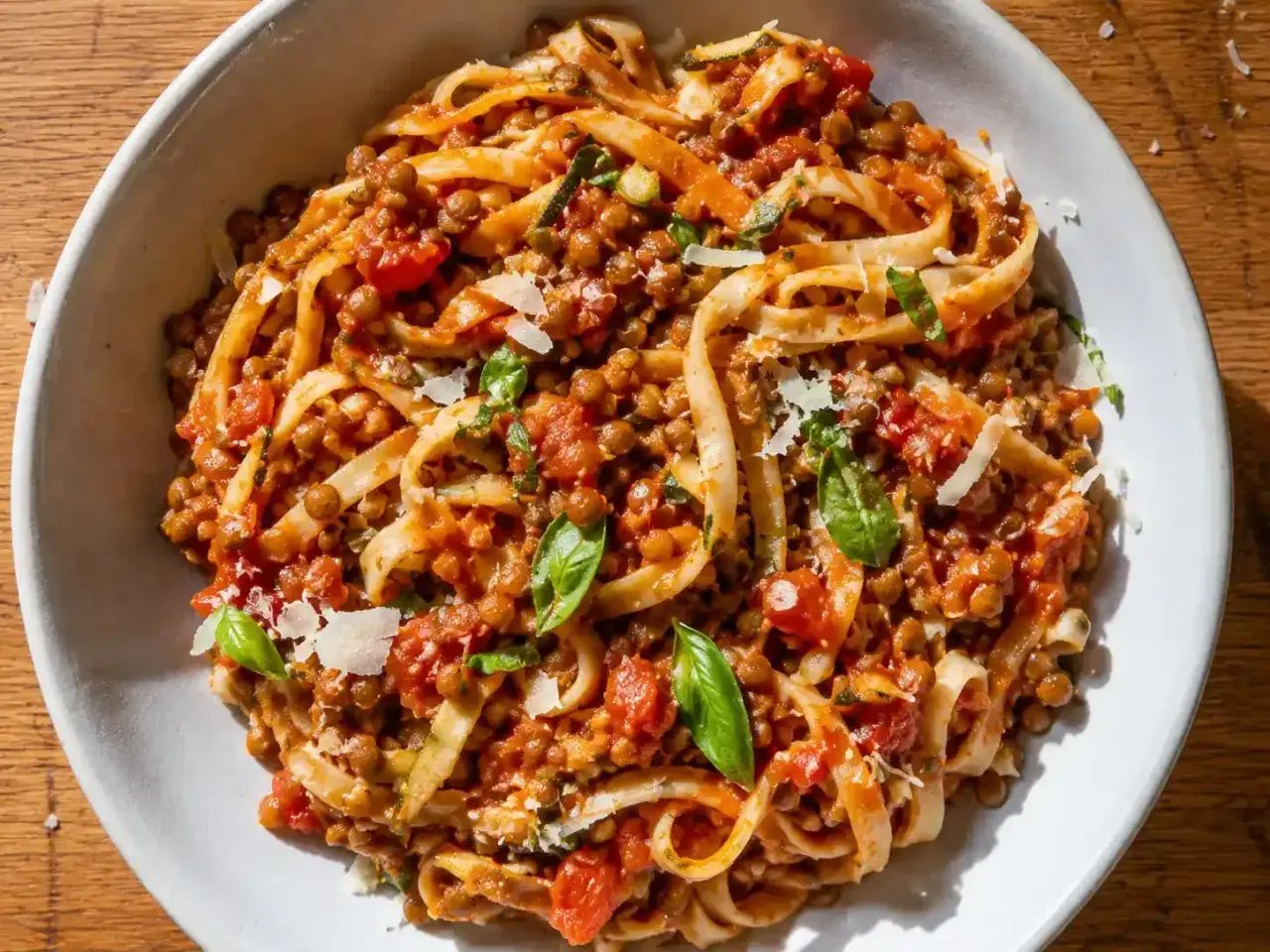En skål med tagliatelle täckt av en mustig vegetarisk pastasås med linser, tomater och basilika, toppad med parmesan.