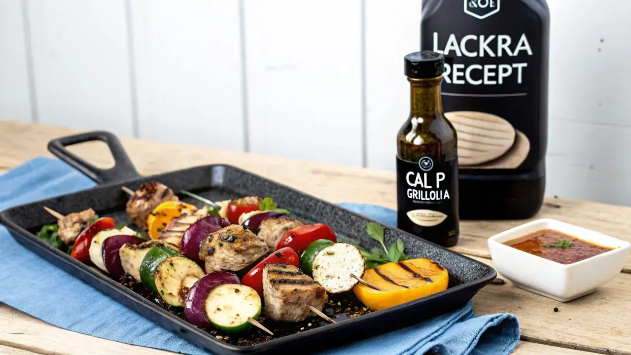 Grillspett med kött och grönsaker på en grillpanna, bredvid en flaska CAL P GRILLOLIA. Perfekt för ett läckert grillolja recept.