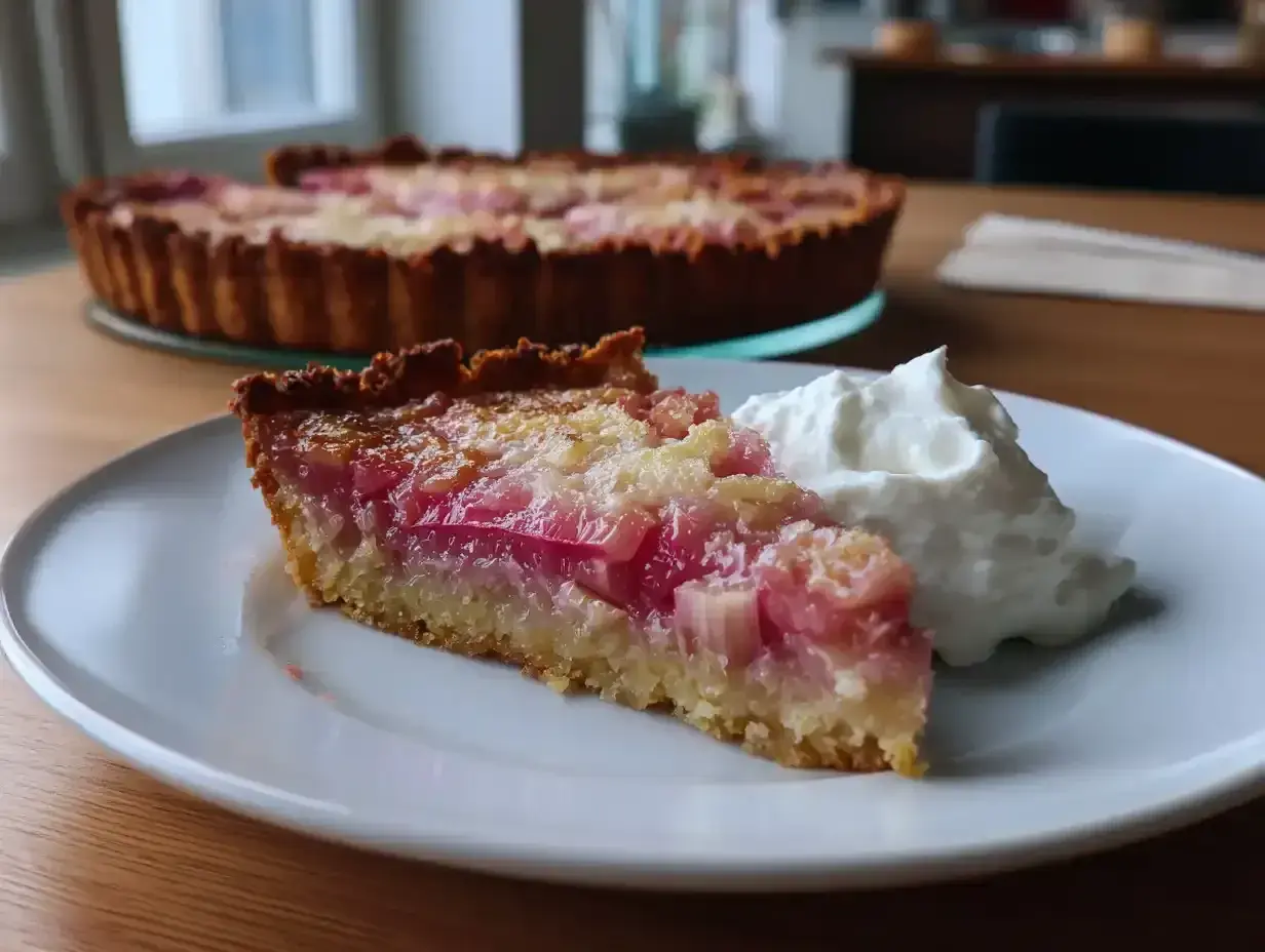 En bit glutenfri rabarberpaj med vispad grädde på en vit tallrik. Hela pajen syns i bakgrunden.