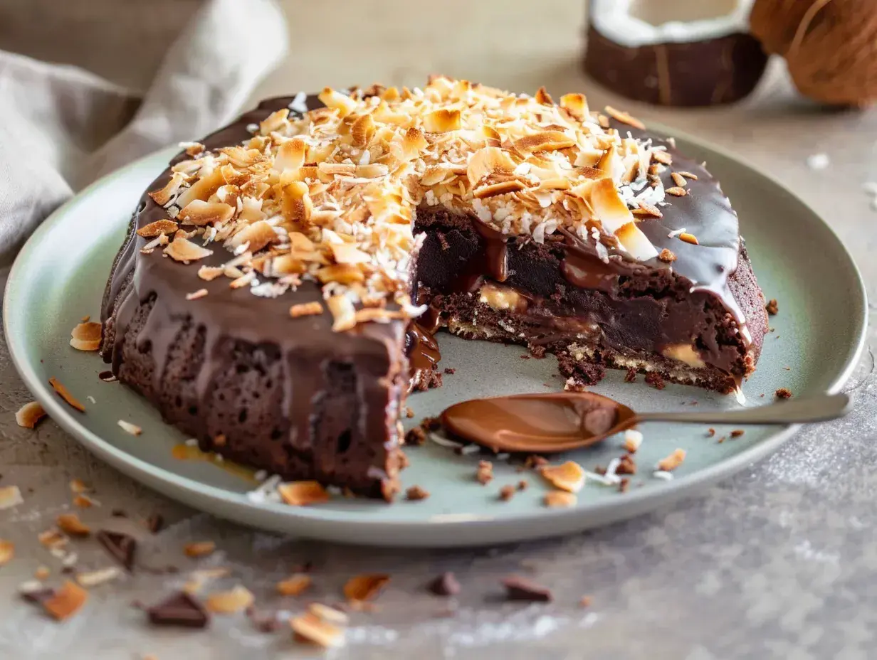 En saftig kladdkaka med chokladglasyr och rostad kokostosca. En bit saknas, och en sked med chokladsås ligger bredvid.