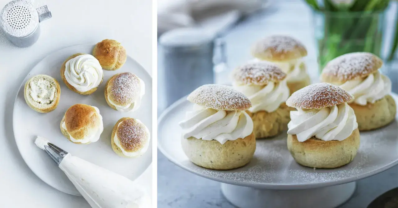 Färdigbakade semlor med fluffig grädde och pudrat florsocker. En härlig syn för alla som älskar att baka semlor!