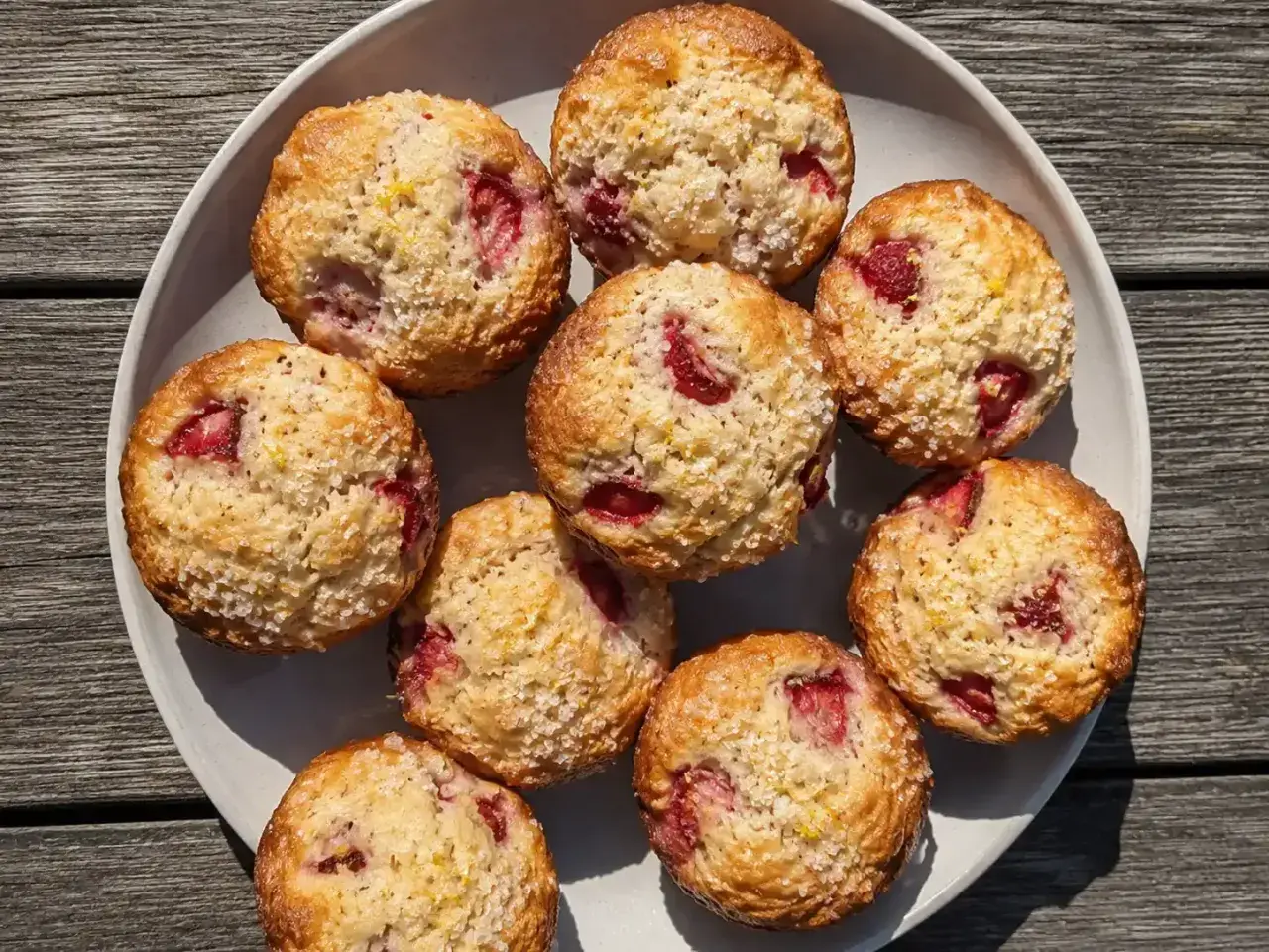 En tallrik med fluffiga muffins med jordgubbar, toppade med socker och citronskal. Perfekta för fika!