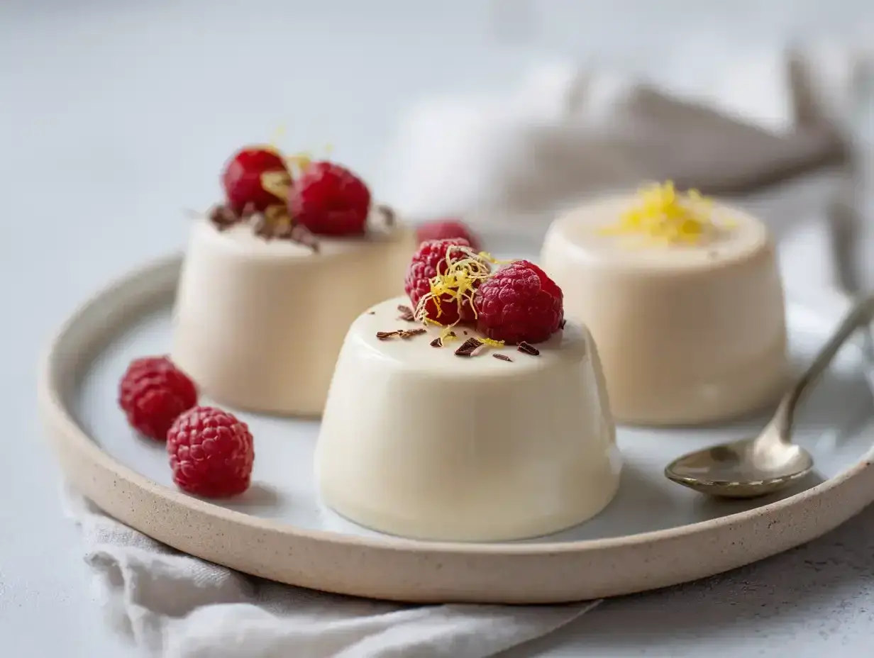 Tre krämiga panna cotta-desserter med hallon och citronskal på en tallrik.
