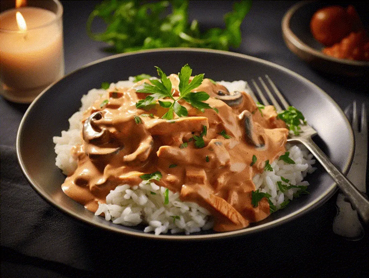 En krämig stroganoff med svamp och kött serveras över ris, garnerad med persilja. Ett mysigt recept för en middag.