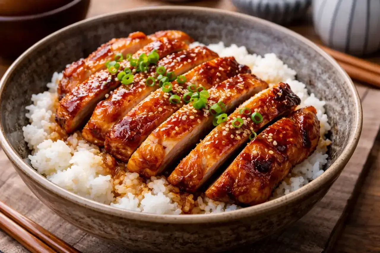 En skål med fluffigt ris toppad med saftig, glaserad teriyaki kyckling, strödd med sesamfrön och grön lök.