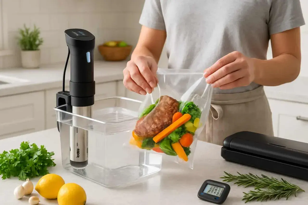 En person förbereder mat för sous vide lax med grönsaker i en vakuumpåse. En sous vide-stav är fäst vid en behållare med vatten.