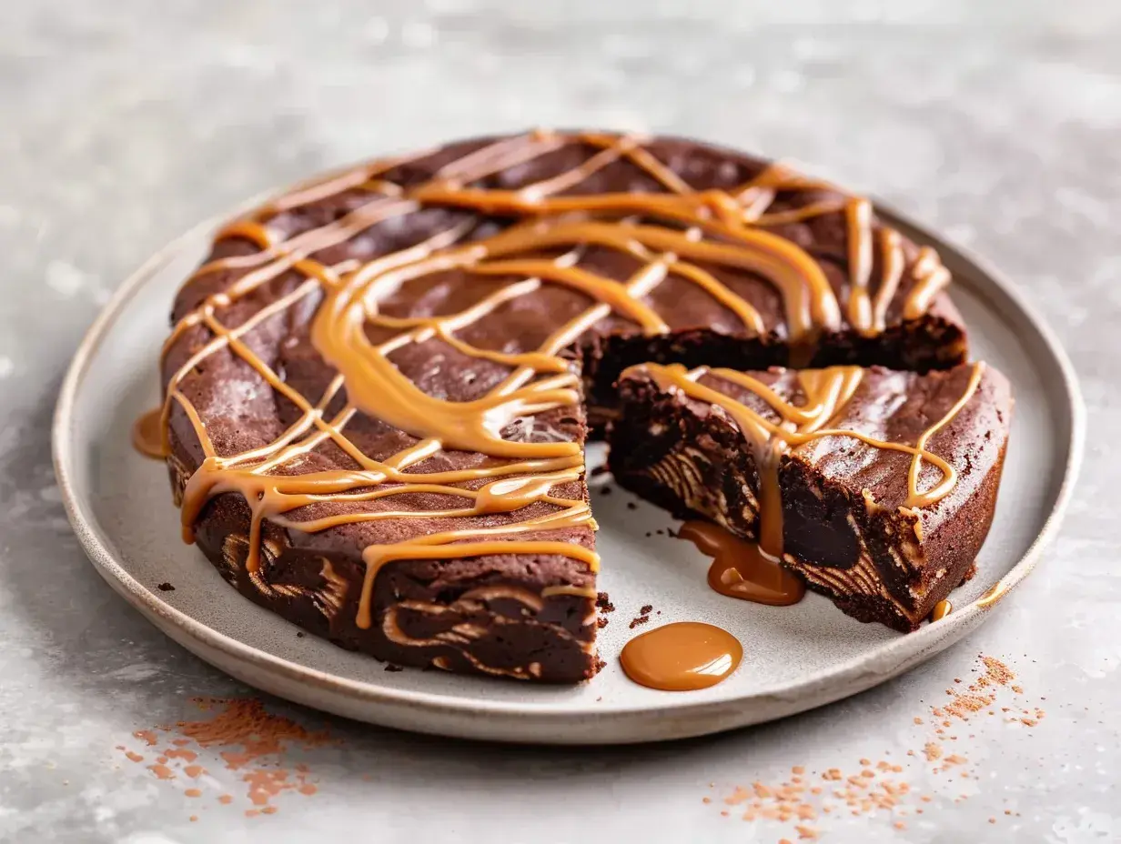 Chokladkaka med ett mönster av dulce de leche, perfekt att baka till fikat.