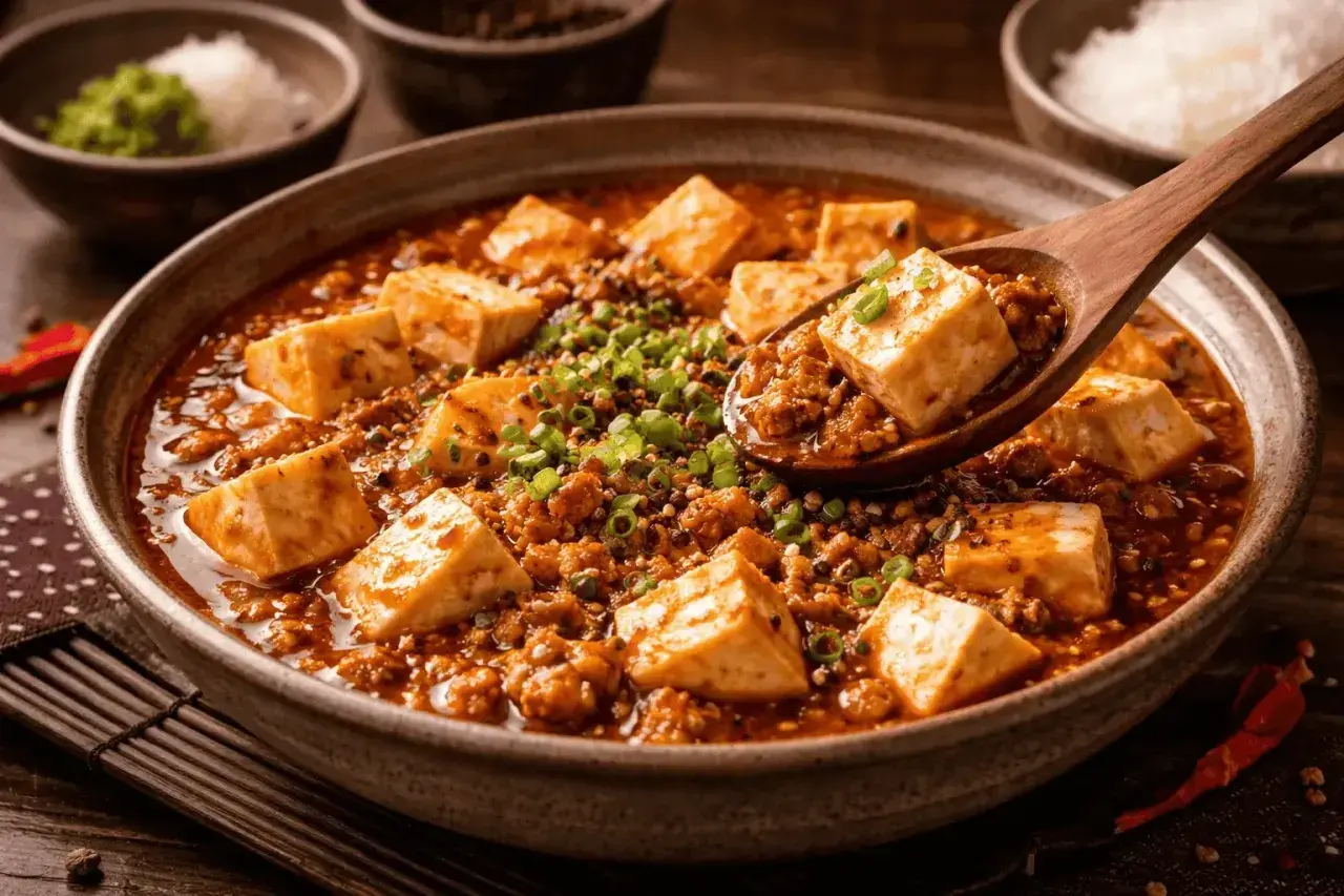 En sked lyfter upp en bit mapo tofu från en skål med kryddig gryta, toppad med salladslök.