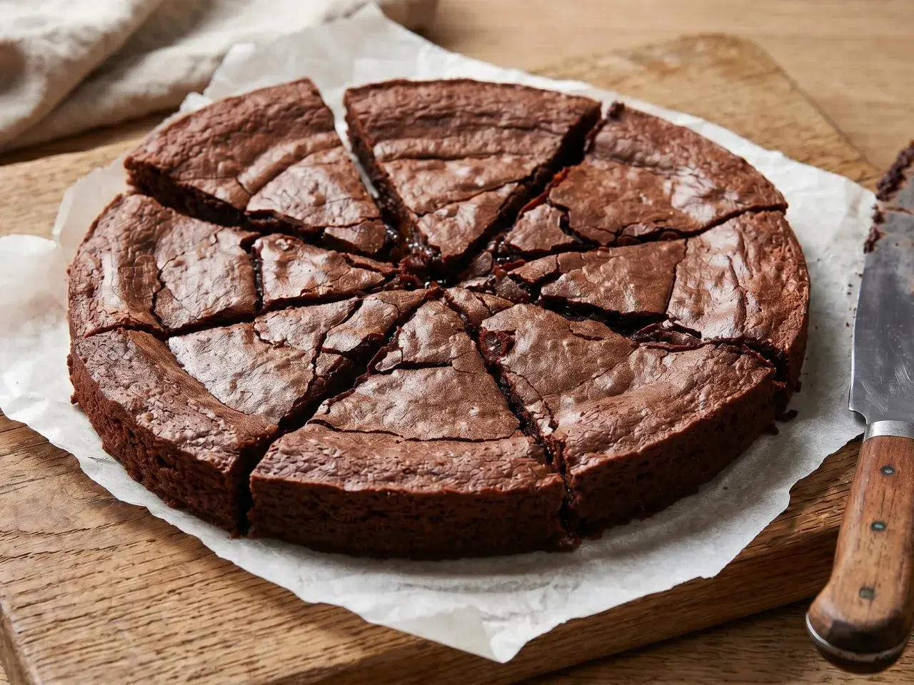 En saftig glutenfri kladdkaka, uppskuren i åtta bitar på bakplåtspapper. En kniv ligger bredvid.