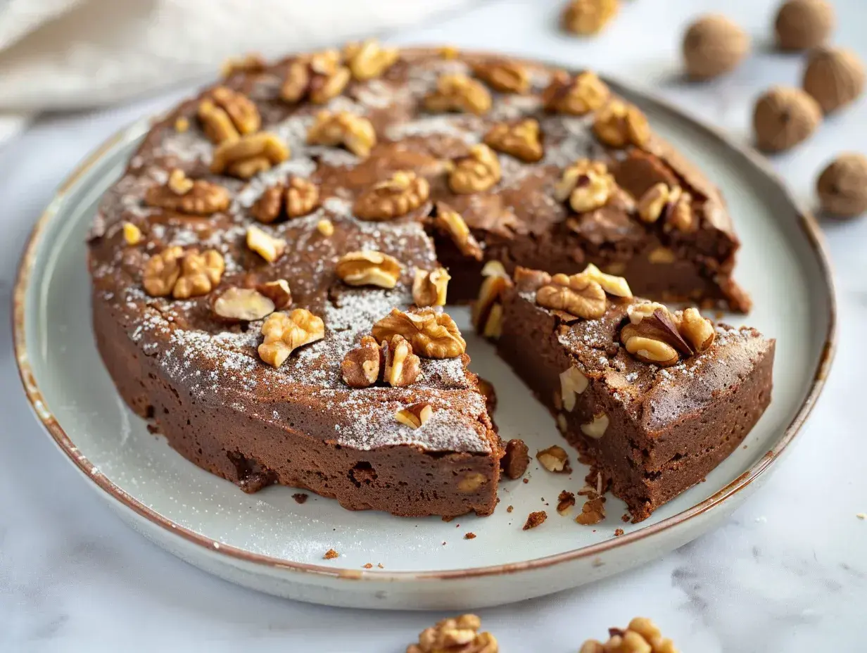 En saftig kladdkaka med valnötter, pudrad med florsocker. Perfekt för alla som älskar kladdkaka recept.