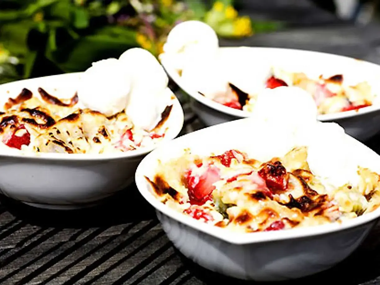 Tre skålar med jordgubbs-smulpaj toppad med vaniljglass. Ett perfekt Gino recept för en sommardessert.