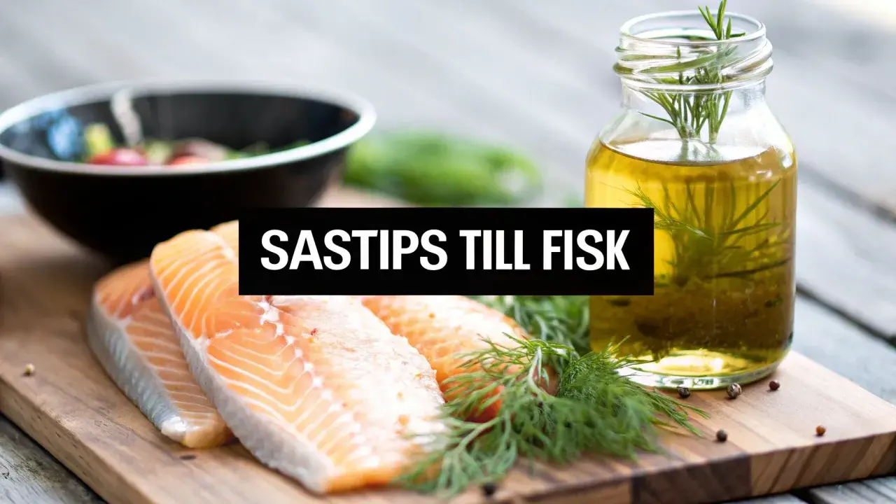 Färska laxfiléer på en skärbräda med dill och en flaska olivolja. Texten "SASTIPS TILL FISK" antyder en god sås till fisken.