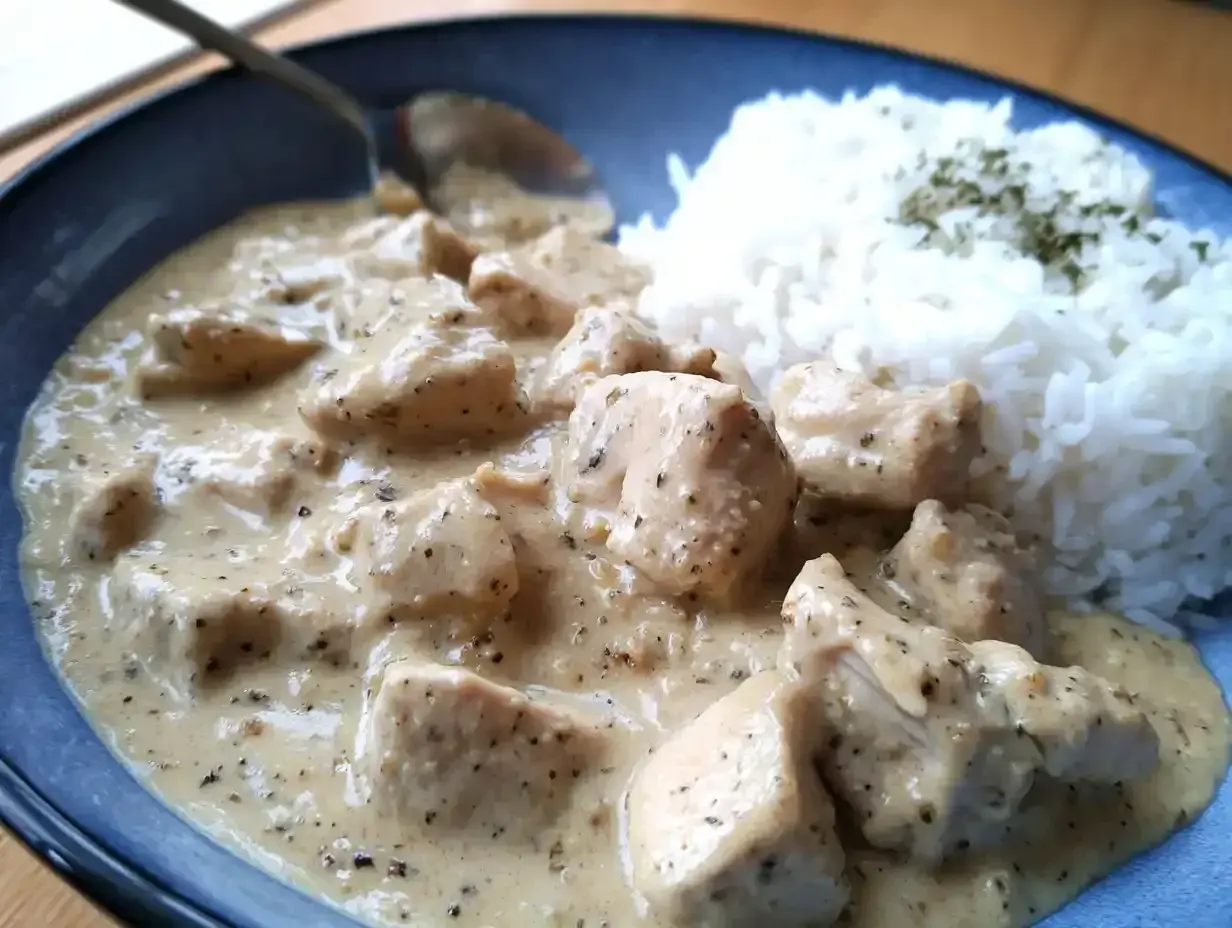 En krämig sås till kyckling och ris, med bitar av kyckling i en len sås. Riset är toppat med lite grön krydda.