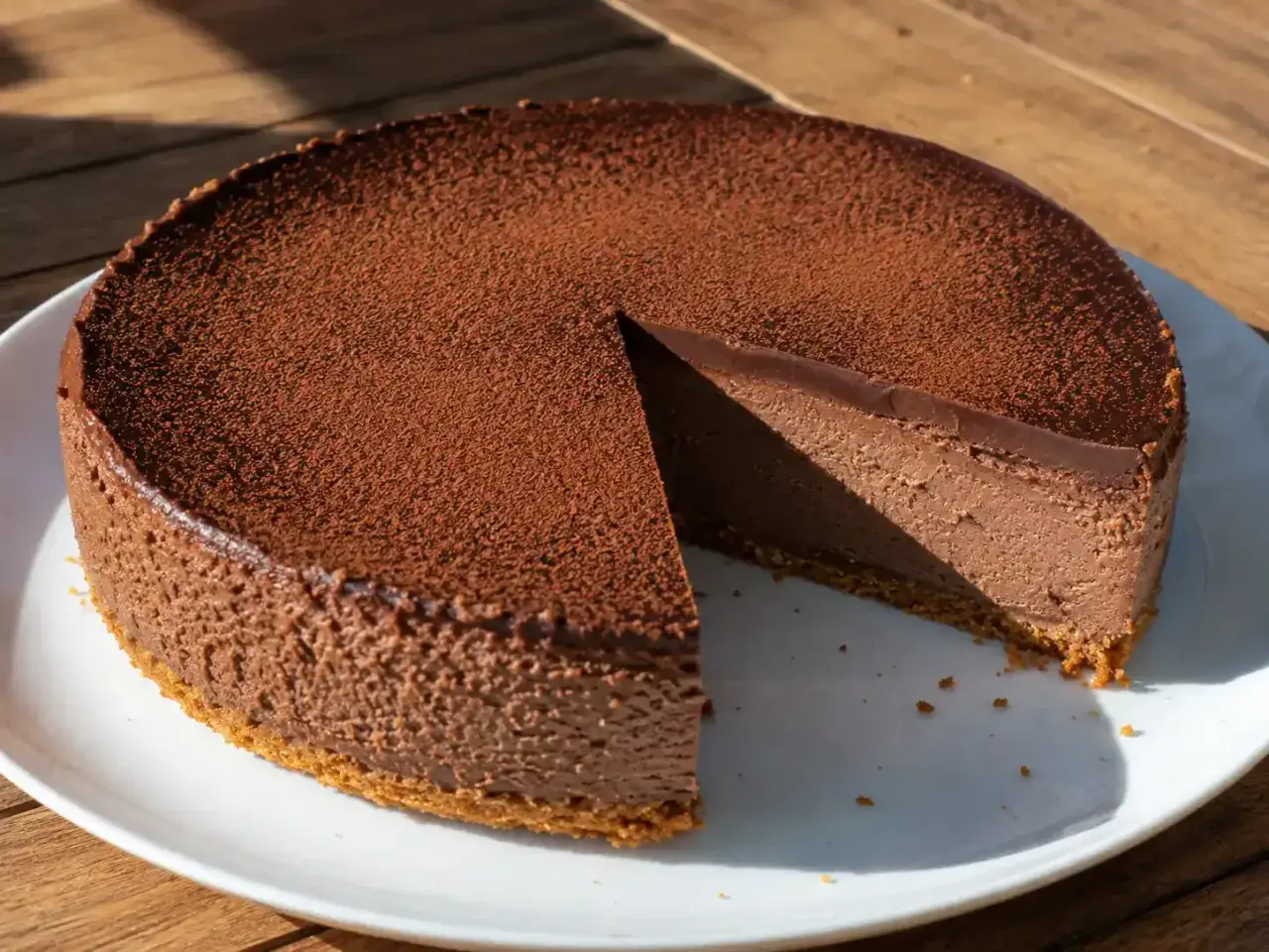 Chokladig oreo cheesecake med ett lager kakao på toppen, en bit är bortskuren.