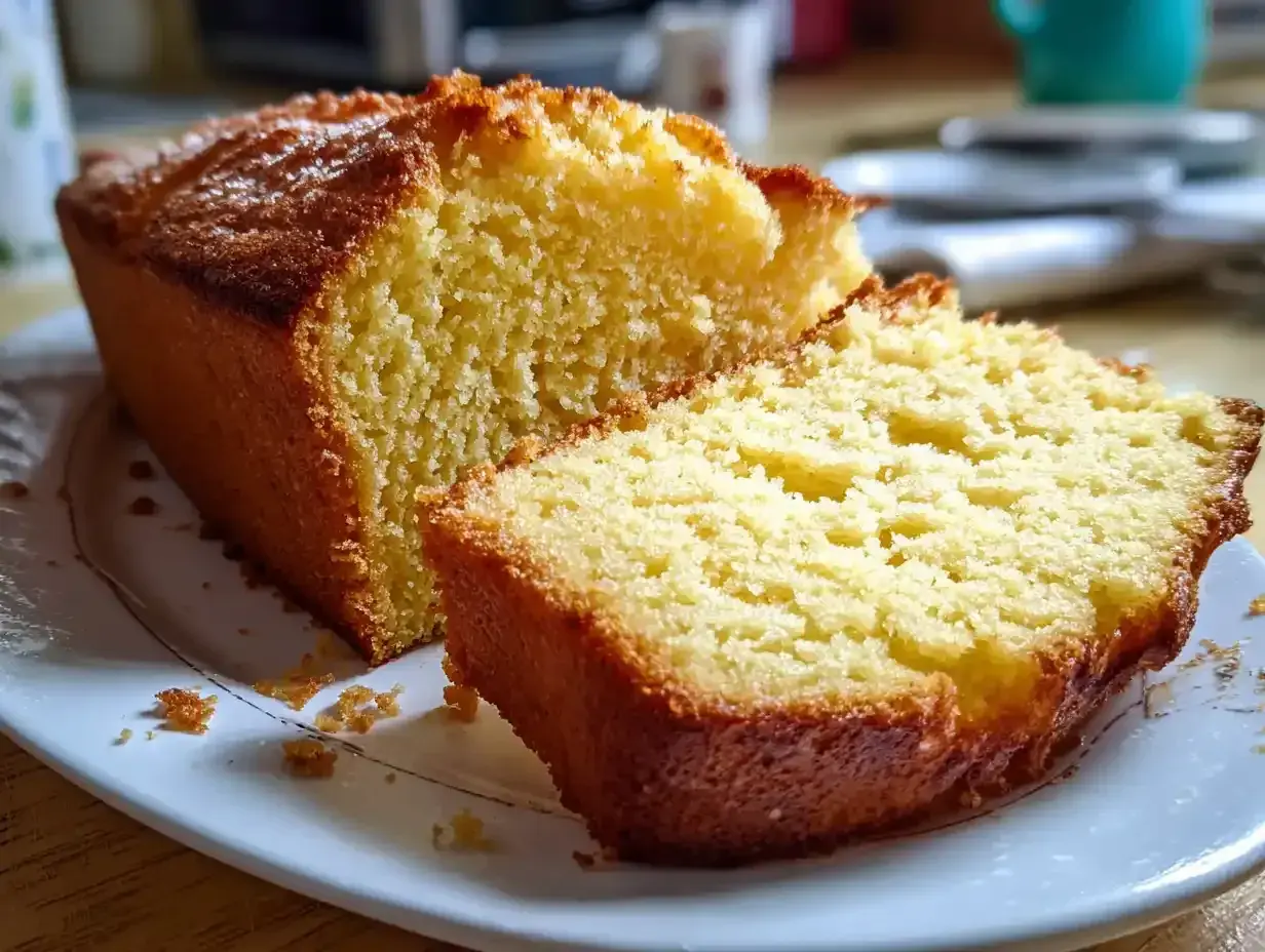 En skiva av en extra saftig sockerkaka ligger på en vit tallrik. Kakan har en gyllene skorpa och en mjuk, porös insida.