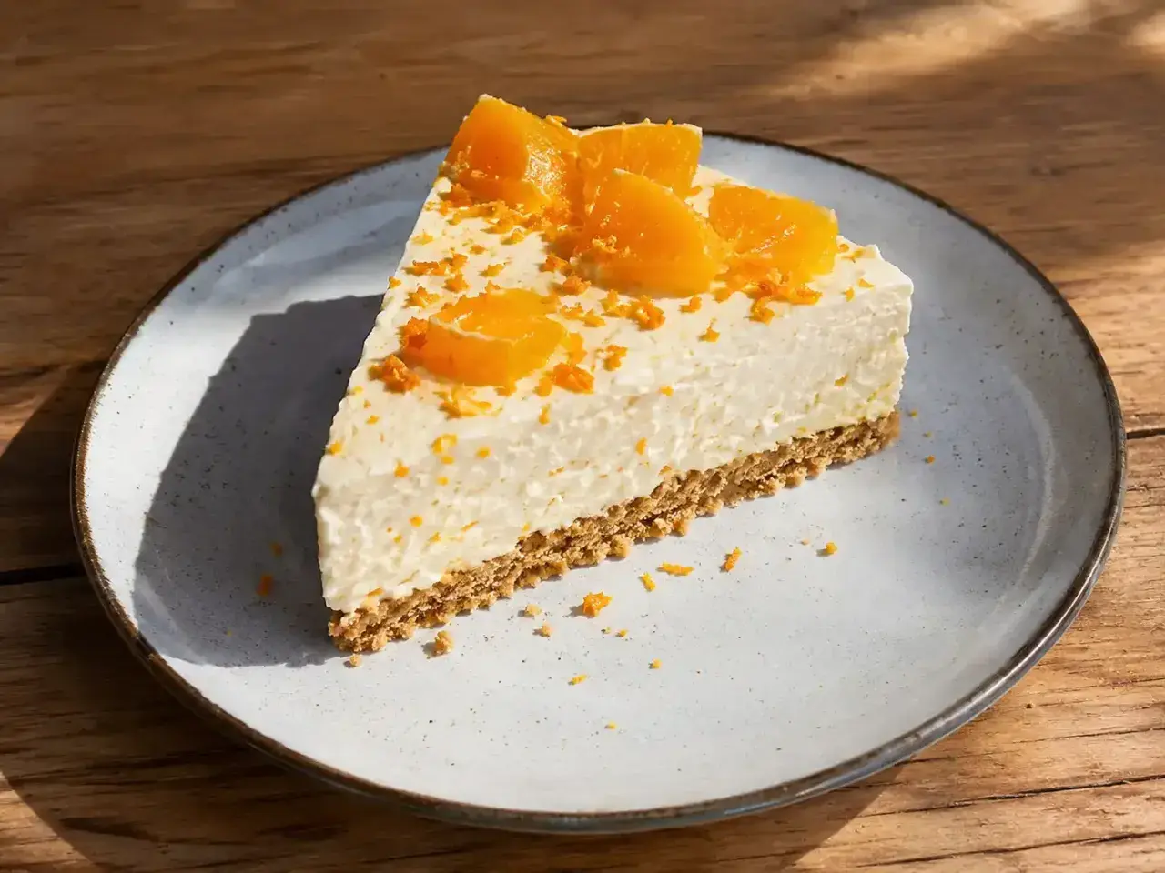 En bit krämig apelsincheesecake med kexbotten, toppad med apelsinklyftor och rivet skal. Ett perfekt cheesecake recept för fikat.