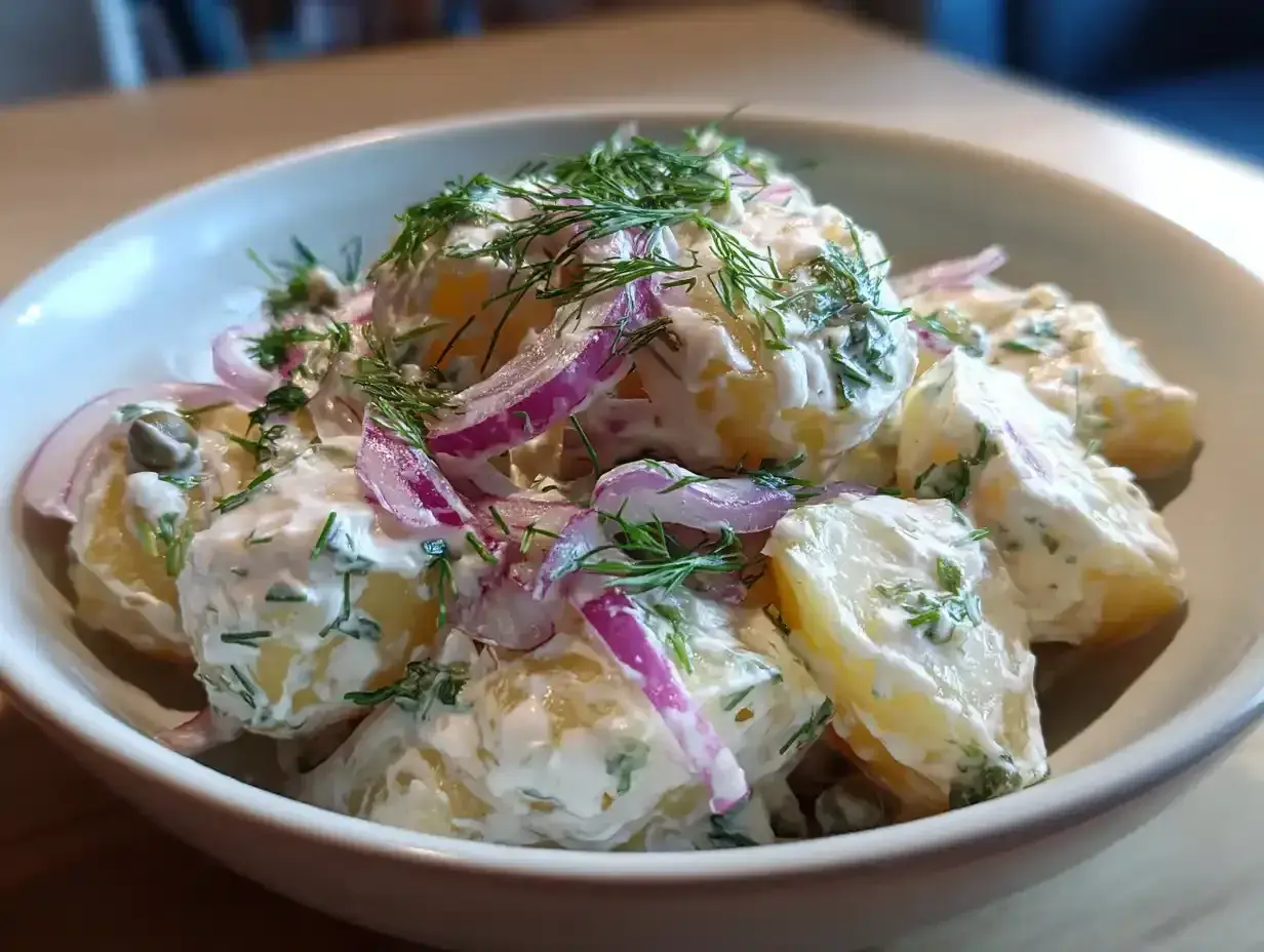 En skål med ljuvlig potatissallad recept, krämig med dill, rödlök och kapris. Perfekt till grillat!