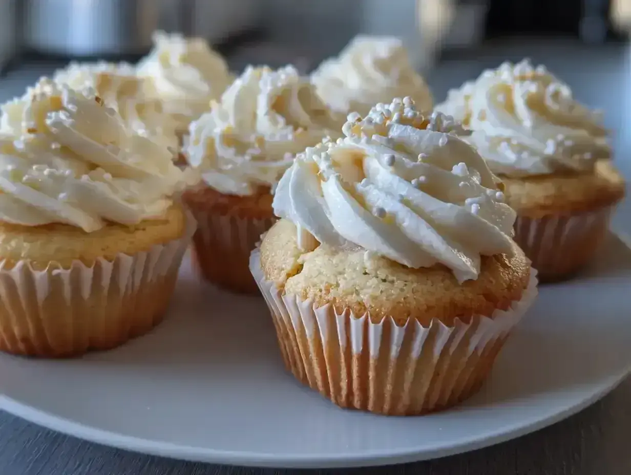 Fluffiga muffins med krämig hallon frosting och strössel. Perfekt för fikat!