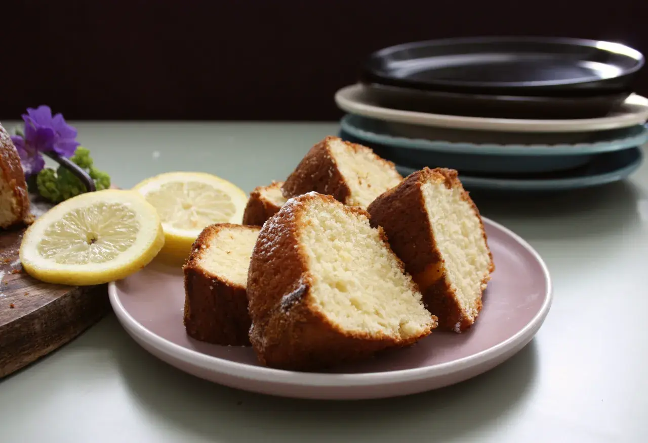 Skivor av saftig citron sockerkaka på en ljusrosa tallrik, med citronskivor och en lila blomma som dekoration.