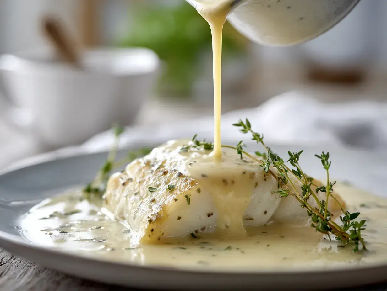 En bit vit fisk serveras med en krämig vitvinssås till fisk, garnerad med färsk timjan.