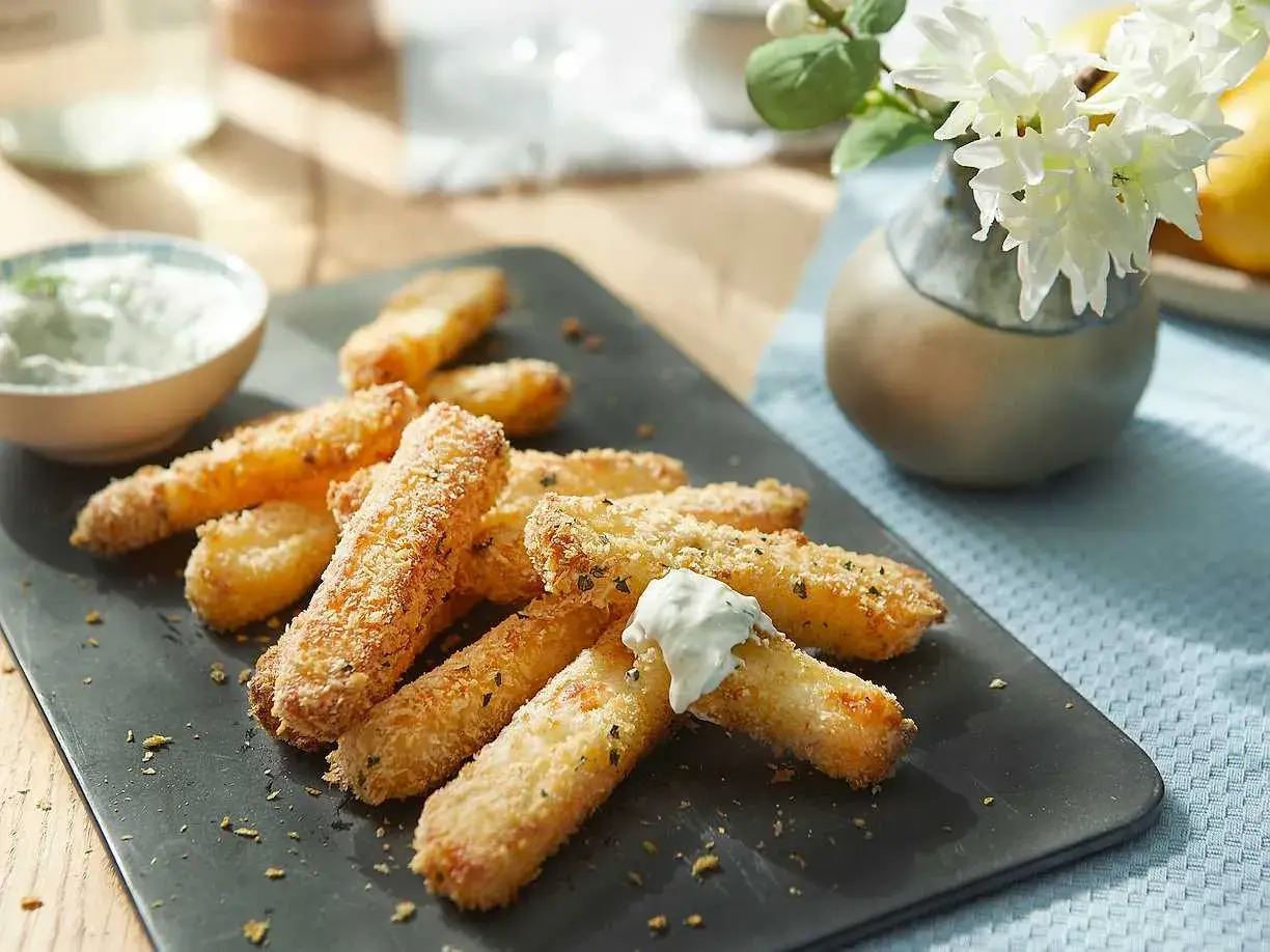 Krispiga stavar av halloumi i airfryer, serverade med en krämig dipp. Perfekt som tilltugg!