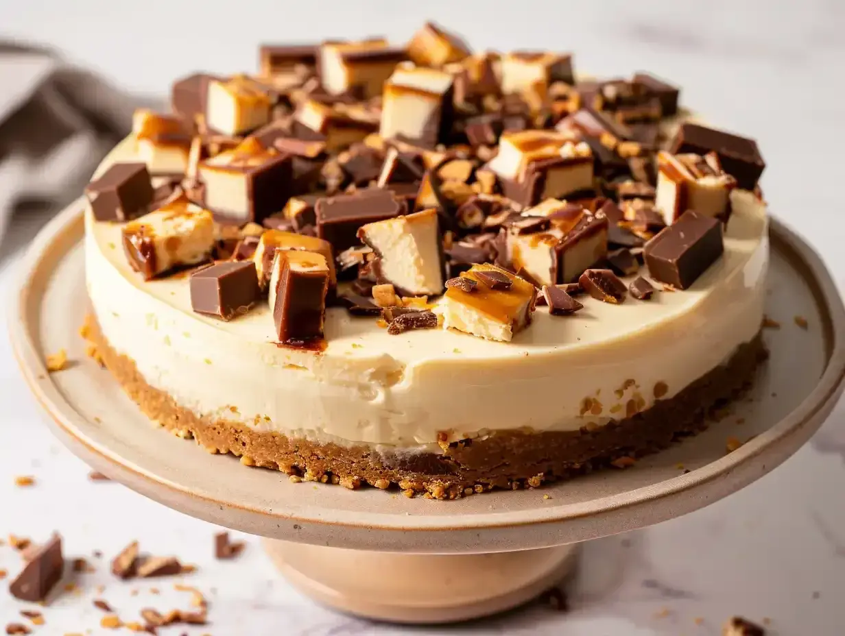 En krämig daim cheesecake, toppad med bitar av choklad och karamell. En dröm för alla som älskar daim!