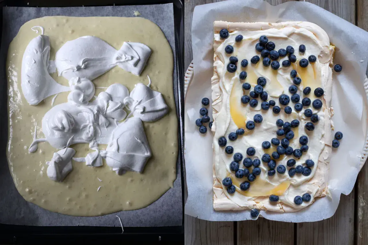 En marängbotten med citron frosting och blåbär. Till vänster, smeten redo för ugnen, till höger, färdig dekorerad.