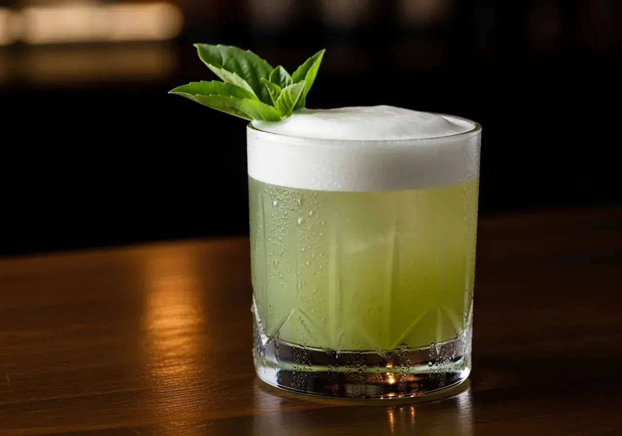 Grön, skummande drink med mynta och en kvist thai basil. En uppfriskande sommardrink.